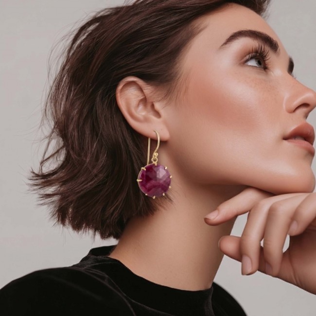 Giovanna - Magnificent Jewel 12.5 carat Ruby 14K Gold over .925 Sterling Silver handcrafted incredible earrings - Side view of 12.5 carat ruby earring in 14K gold setting worn on ear.