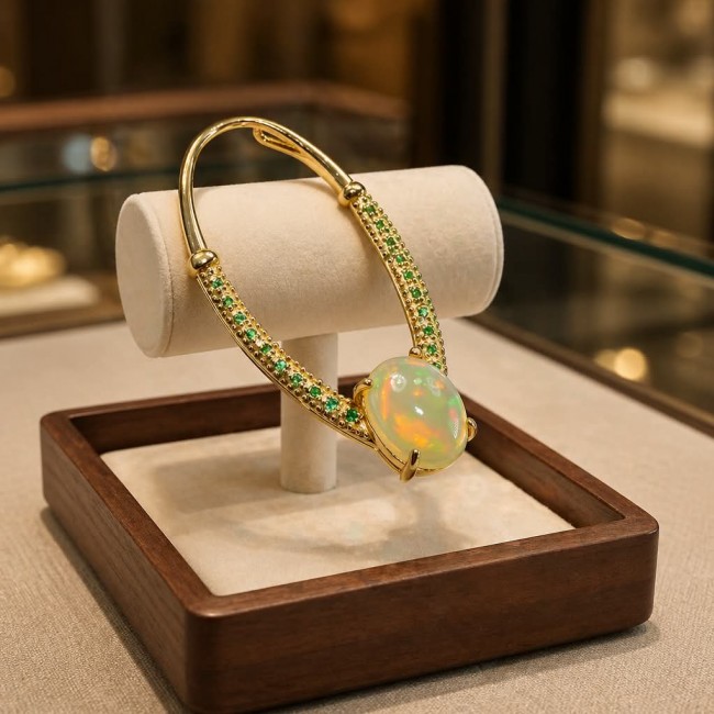 Stella Authentic 10.8 Ethiopian Opal Emerald 18K Gold over .925 Sterling Silver handcrafted Pendant - Opal and emerald bracelet in 18K gold on display stand, angled view.
