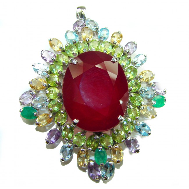 Rainbow Rapsody - RARE FINDING - 55.7 carat Authentic Ruby .925 Sterling Silver handcrafted Pendant Brooch - Close-up of Rainbow Rapsody pendant with ruby and multicolored gems.