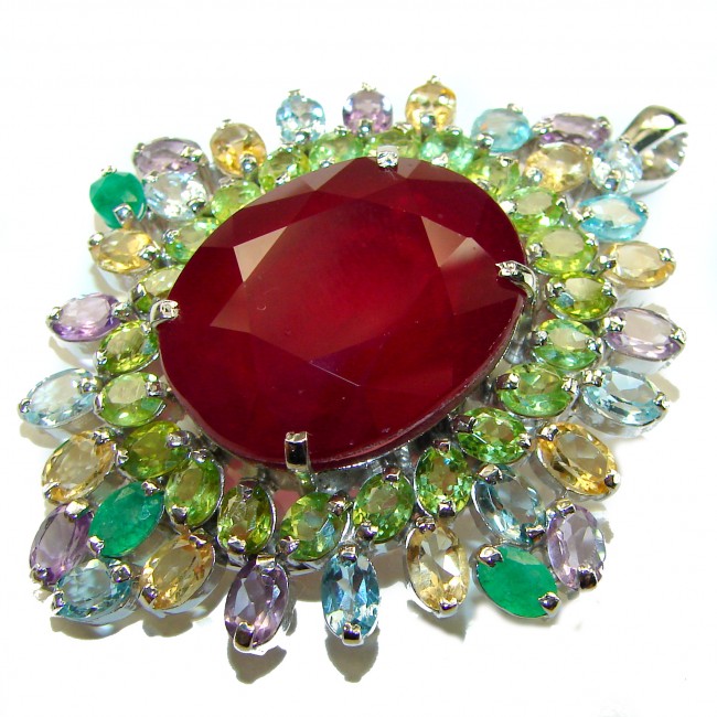 Rainbow Rapsody - RARE FINDING - 55.7 carat Authentic Ruby .925 Sterling Silver handcrafted Pendant Brooch - Close-up of a multicolored gem pendant with a large ruby centerpiece