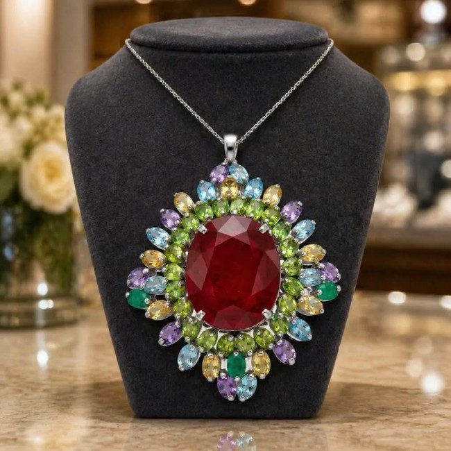 Rainbow Rapsody - RARE FINDING - 55.7 carat Authentic Ruby .925 Sterling Silver handcrafted Pendant Brooch - Colorful gemstone necklace with large ruby centerpiece displayed on stand.