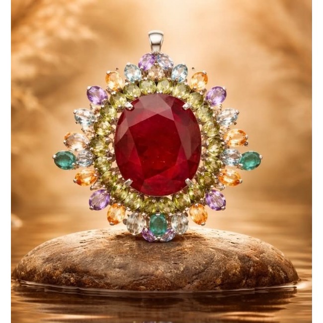 Rainbow Rapsody - RARE FINDING - 55.7 carat Authentic Ruby .925 Sterling Silver handcrafted Pendant Brooch - Close-up of Rainbow Rapsody pendant with 55.7 carat ruby.