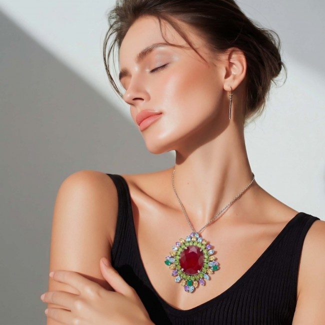 Rainbow Rapsody - RARE FINDING - 55.7 carat Authentic Ruby .925 Sterling Silver handcrafted Pendant Brooch - Woman wearing Rainbow Rapsody ruby necklace, side view.