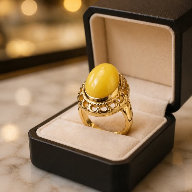 Authentic Butterscotch Baltic Amber 18K Gold over .925 Sterling Silver handcrafted ring; s. 7 adjustable - Close-up of butterscotch Baltic amber ring in open jewelry box