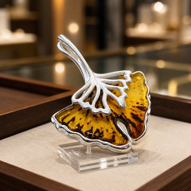 Sea Treasure Prehistoric Authentic Butterscotch Baltic Amber .925 Sterling Silver beautifully handcrafted Pendant - Close-up of silver-framed butterscotch amber leaf jewelry piece.