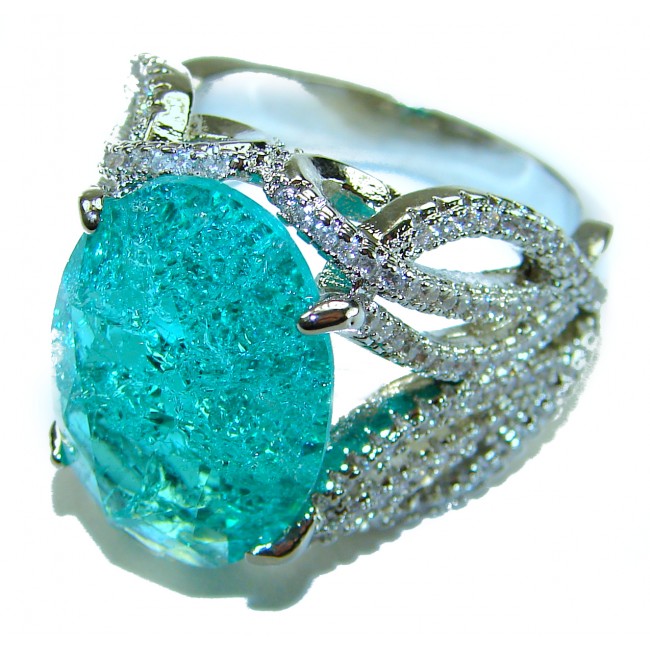 Ocean 14.5 carat Paraiba Tourmaline .925 Sterling Silver Handcrafted Ring size 8 1/4 - Close-up of Ocean Paraiba Tourmaline ring in sterling silver setting.