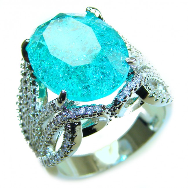 Ocean 14.5 carat Paraiba Tourmaline .925 Sterling Silver Handcrafted Ring size 8 1/4 - Paraiba Tourmaline sterling silver ring, side view close-up.