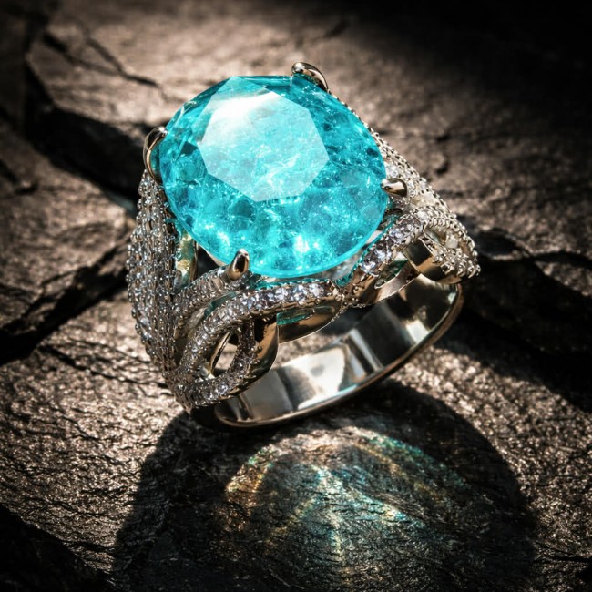 Ocean 14.5 carat Paraiba Tourmaline .925 Sterling Silver Handcrafted Ring size 8 1/4 - Close-up of Ocean 14.5 ct Paraiba Tourmaline ring on textured surface