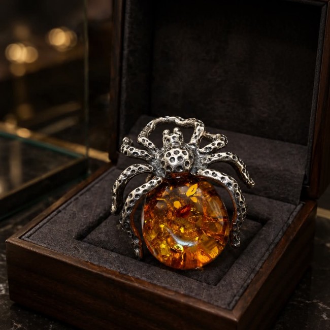 Piece of Art ! Large Golden Spider Authentic Baltic Amber .925 Sterling Silver handcrafted ring; s. 7 adjustable - Close-up of large spider jewelry with amber stone in a display box.