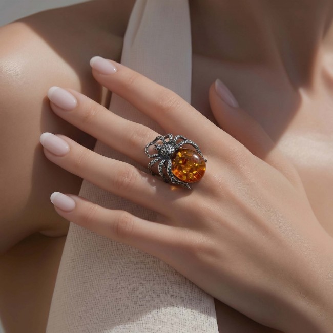Piece of Art ! Large Golden Spider Authentic Baltic Amber .925 Sterling Silver handcrafted ring; s. 7 adjustable - Spider ring with amber stone worn on hand, frontal view.