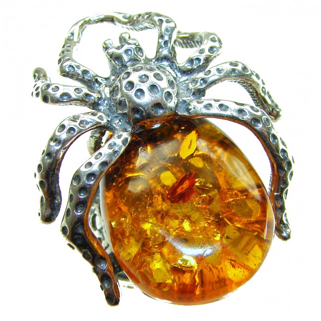 Piece of Art ! Large Golden Spider Authentic Baltic Amber .925 Sterling Silver handcrafted ring; s. 7 adjustable - Spider-shaped pendant with amber stone close-up.