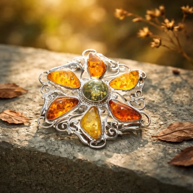 Luxury genuine 37.9 CARAT oval cut Baltic Amber .925 Sterling Silver dipped in rhodium handmade Pendant - Top view of ornate amber brooch with intricate silver detailing