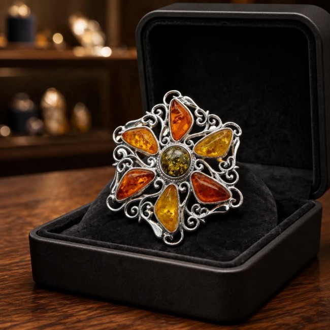 Luxury genuine 37.9 CARAT oval cut Baltic Amber .925 Sterling Silver dipped in rhodium handmade Pendant - Ornate Baltic Amber brooch in open box, front view on wooden surface