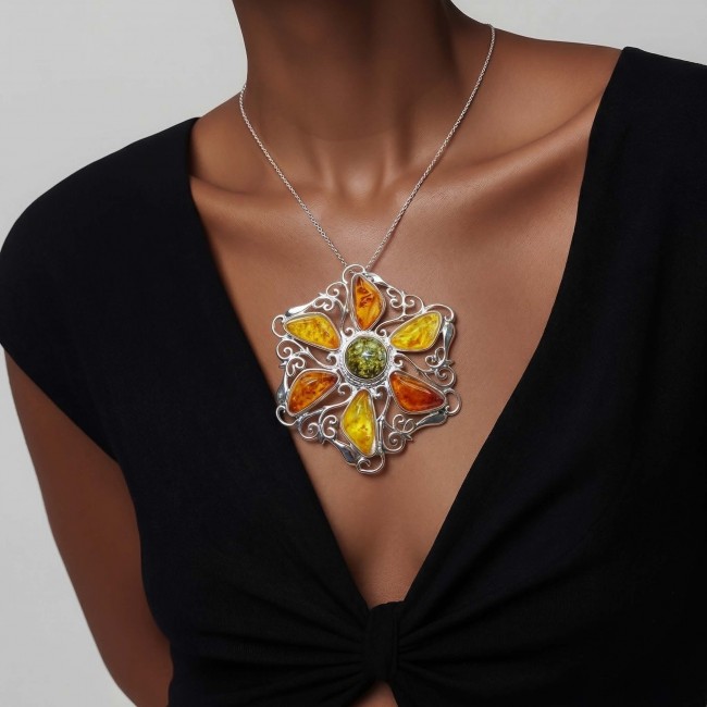 Luxury genuine 37.9 CARAT oval cut Baltic Amber .925 Sterling Silver dipped in rhodium handmade Pendant - Large Baltic Amber pendant necklace worn on chest.