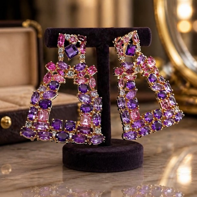 Esmeralda Natural 8.6 carat fancy Amethyst Kunzite 18K Rose Gold over .925 Sterling Silver handmade earrings - Amethyst Kunzite earrings on stand, front view, 18K Rose Gold.