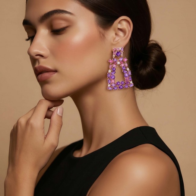 Esmeralda Natural 8.6 carat fancy Amethyst Kunzite 18K Rose Gold over .925 Sterling Silver handmade earrings - Side view of Esmeralda earrings worn, featuring amethyst and kunzite stones.
