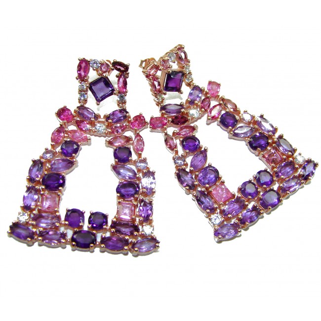 Esmeralda Natural 8.6 carat fancy Amethyst Kunzite 18K Rose Gold over .925 Sterling Silver handmade earrings - Close-up of Esmeralda Natural Amethyst Kunzite earrings in 18K Rose Gold.