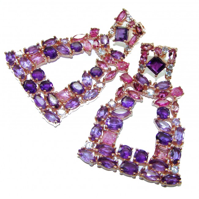 Esmeralda Natural 8.6 carat fancy Amethyst Kunzite 18K Rose Gold over .925 Sterling Silver handmade earrings - Close-up of Esmeralda Natural 8.6 carat Amethyst Kunzite earrings