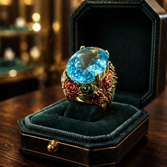 ENCHANTED GARDEN 25.3 carat Swiss Blue Topaz ENAMEL .925 Sterling Silver dipped in 22K Gold handcrafted Large ring size 7 3/4 - Close-up of ENCHANTED GARDEN ring with Swiss Blue Topaz in box