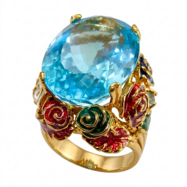 ENCHANTED GARDEN 25.3 carat Swiss Blue Topaz ENAMEL .925 Sterling Silver dipped in 22K Gold handcrafted Large ring size 7 3/4 - Blue topaz ring with enamel detail, top view.