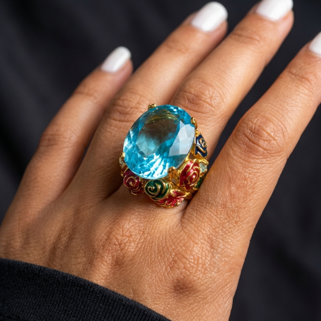 ENCHANTED GARDEN 25.3 carat Swiss Blue Topaz ENAMEL .925 Sterling Silver dipped in 22K Gold handcrafted Large ring size 7 3/4 - Swiss Blue Topaz ring with enamel, worn on hand, top view.