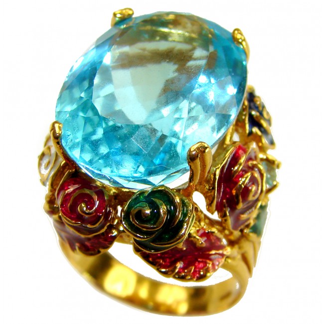 ENCHANTED GARDEN 25.3 carat Swiss Blue Topaz ENAMEL .925 Sterling Silver dipped in 22K Gold handcrafted Large ring size 7 3/4 - Top view of ENCHANTED GARDEN ring with blue topaz and enamel roses.