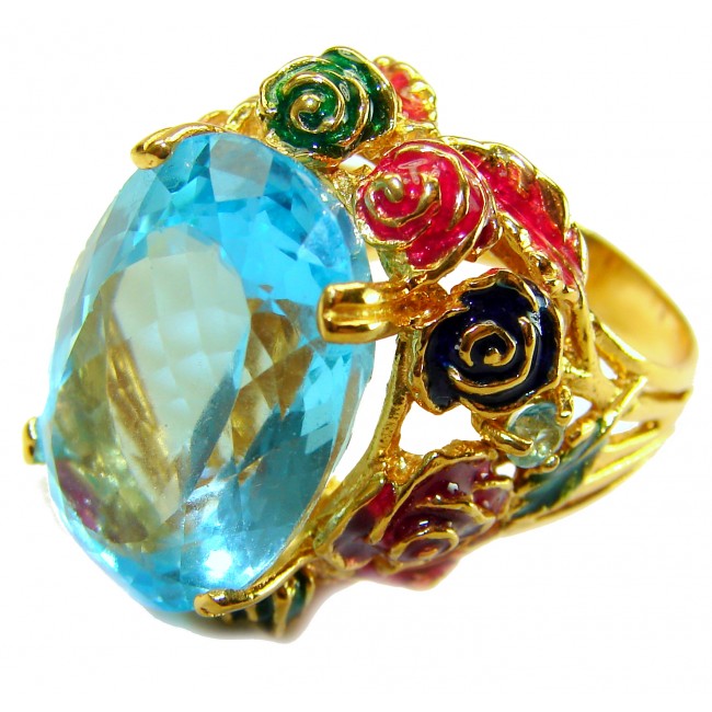 ENCHANTED GARDEN 25.3 carat Swiss Blue Topaz ENAMEL .925 Sterling Silver dipped in 22K Gold handcrafted Large ring size 7 3/4 - Close-up of ENCHANTED GARDEN Swiss Blue Topaz ring with enamel floral accents.