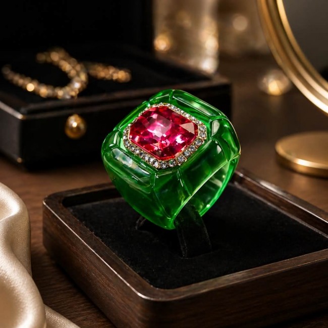 Candy Store - Modern Design Natural Green Raisin Pink Topaz .925 Sterling Silver ring size 8 - Green ring with pink topaz, top view, in a box on a wooden surface.