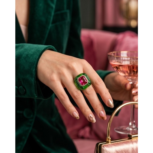 Candy Store - Modern Design Natural Green Raisin Pink Topaz .925 Sterling Silver ring size 8 - Ring with green resin and pink topaz worn on hand, holding a glass.