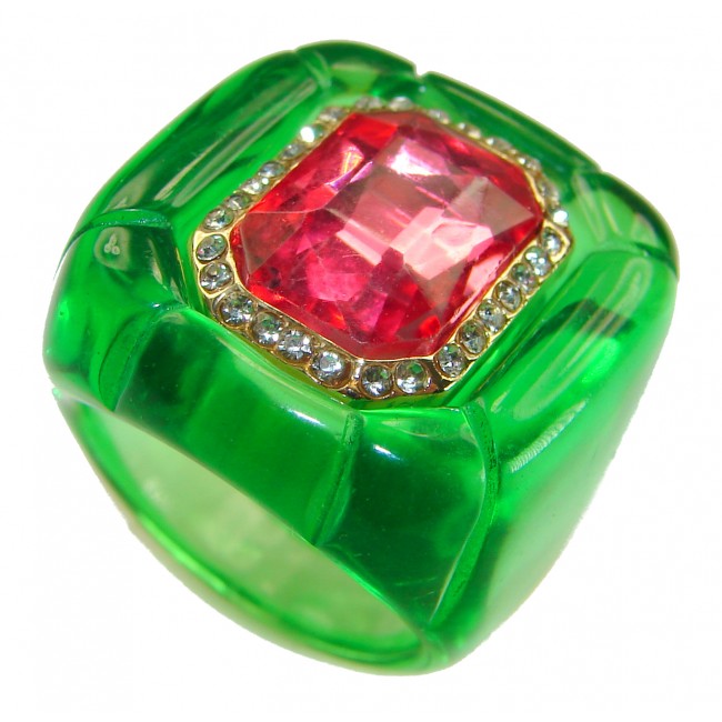 Candy Store - Modern Design Natural Green Raisin Pink Topaz .925 Sterling Silver ring size 8 - Green resin ring with pink topaz and diamonds, top view.
