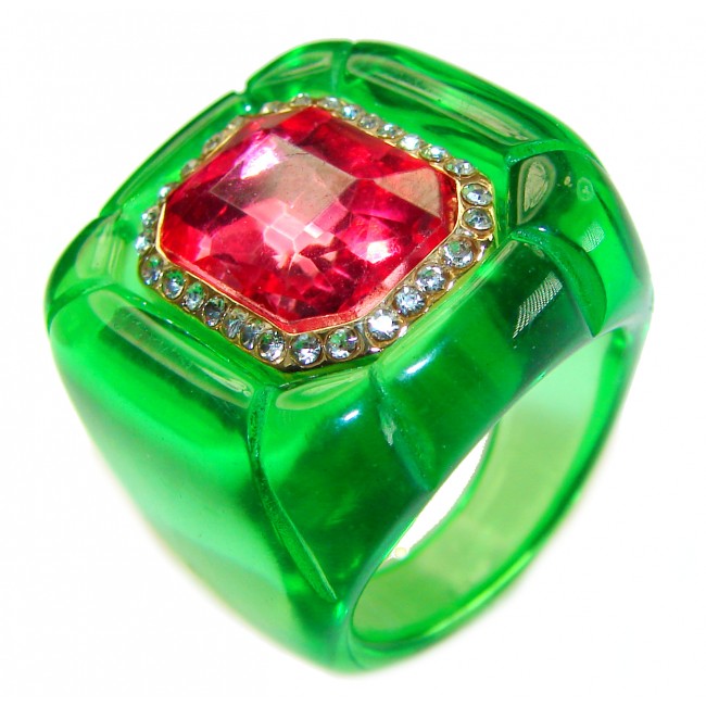 Candy Store - Modern Design Natural Green Raisin Pink Topaz .925 Sterling Silver ring size 8 - Close-up of green resin ring with pink topaz and crystal accents.
