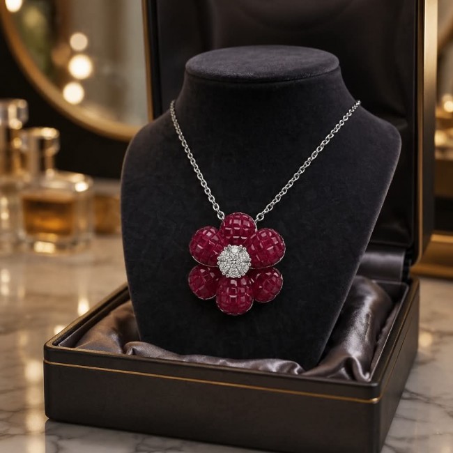 Red Flower 18.2 carat Ruby .925 Sterling Silver .925 Sterling Silver Statement Necklace - Red flower ruby sterling silver necklace in box, front view.