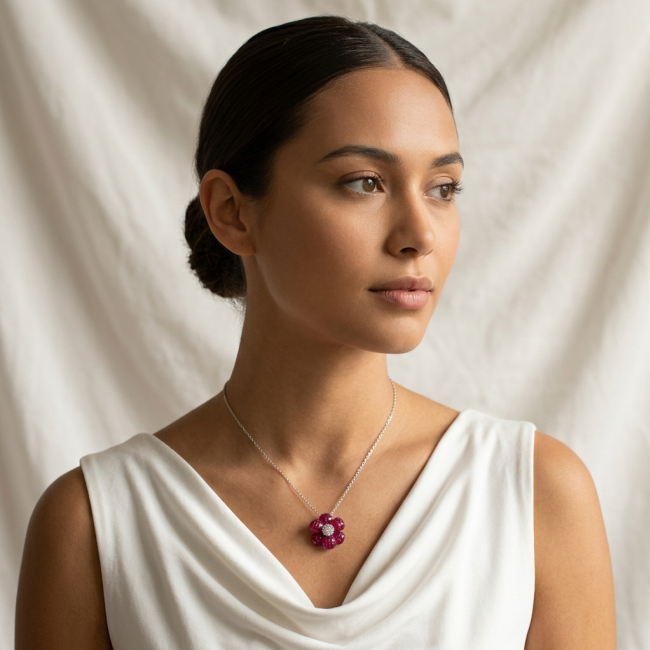 Red Flower 18.2 carat Ruby .925 Sterling Silver .925 Sterling Silver Statement Necklace - Woman wearing red flower ruby necklace on white dress, side view.