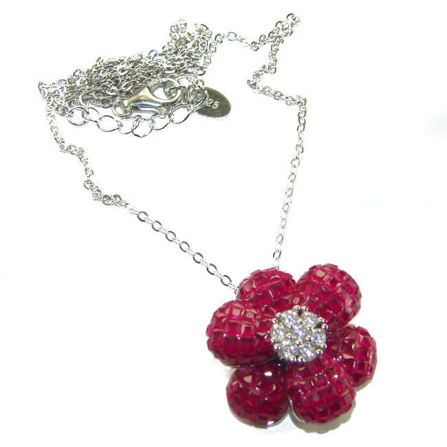Red Flower 18.2 carat Ruby .925 Sterling Silver .925 Sterling Silver Statement Necklace - Red flower ruby necklace, sterling silver, top view showing chain and clasp.