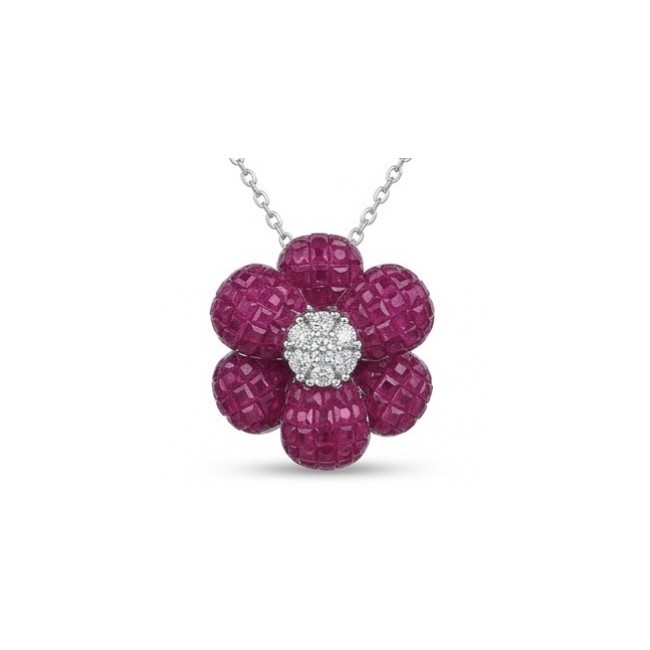 Red Flower 18.2 carat Ruby .925 Sterling Silver .925 Sterling Silver Statement Necklace - Ruby flower pendant on chain, front view, .925 Sterling Silver trim