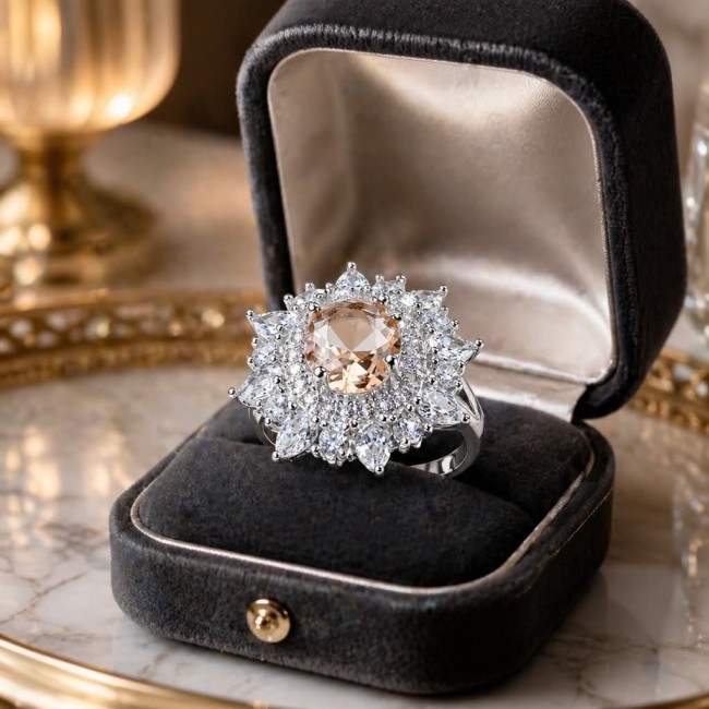 Isabella Authentic emerald cut 4.8 carat Morganite .925 Sterling Silver ring s. 7 1/4 - Close-up of Isabella emerald cut Morganite ring in a velvet box.