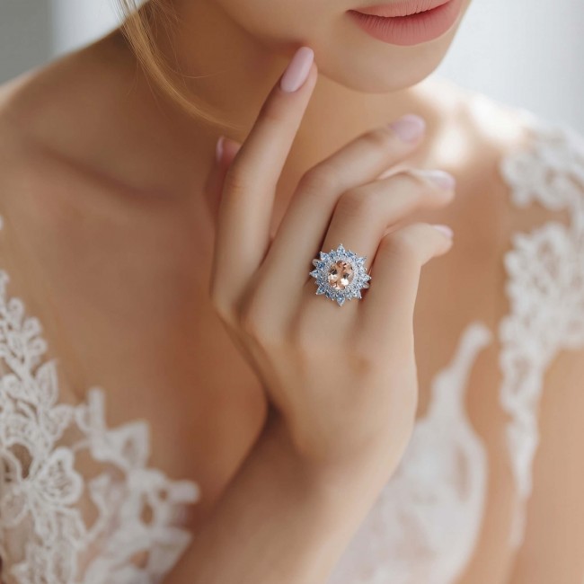 Isabella Authentic emerald cut 4.8 carat Morganite .925 Sterling Silver ring s. 7 1/4 - Close-up of Isabella Morganite ring worn on hand