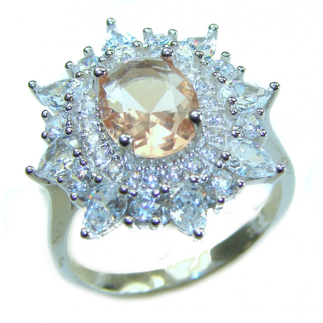 Isabella Authentic emerald cut 4.8 carat Morganite .925 Sterling Silver ring s. 7 1/4 - Close-up of Isabella 4.8 carat Morganite ring with halo setting