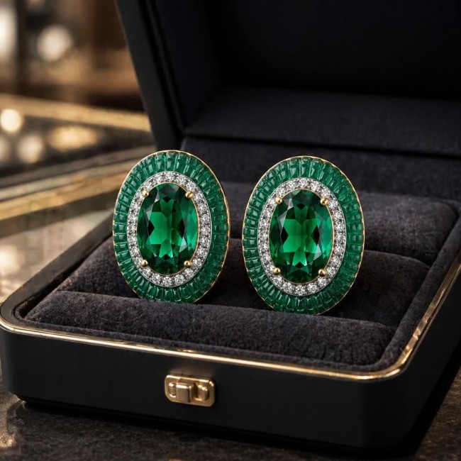 Julietta 12.5 carat Colombian Emerald .925 Sterling Silver handmade Statement earrings - Colombian emerald earrings in open box, front view