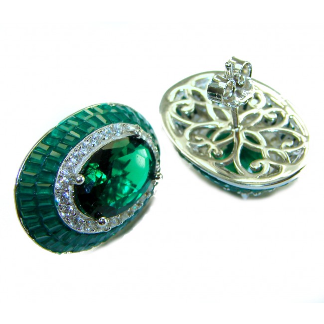 Julietta 12.5 carat Colombian Emerald .925 Sterling Silver handmade Statement earrings - Close-up of Julietta 12.5 ct Colombian Emerald sterling silver earrings.