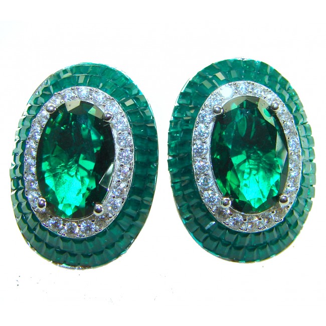 Julietta 12.5 carat Colombian Emerald .925 Sterling Silver handmade Statement earrings - Close-up of Julietta Colombian emerald earrings with diamonds