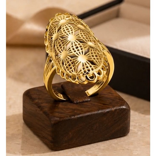 Dubai Style - .925 Sterling Silver dipped in 22K Gold handmade Large ring size 7 - Gold filigree ring on display stand, top view.