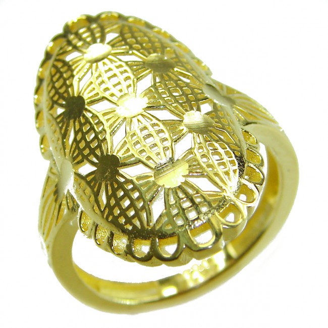 Dubai Style - .925 Sterling Silver dipped in 22K Gold handmade Large ring size 7 - Intricate gold-plated ring with floral design, top view.