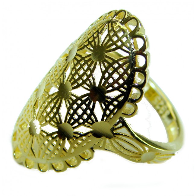 Dubai Style - .925 Sterling Silver dipped in 22K Gold handmade Large ring size 7 - Gold-plated silver ring with intricate filigree design, side view.