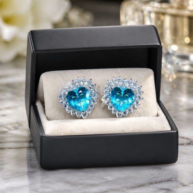 Angel's Heart 4.7 carat Swiss Blue Topaz .925 Sterling Silver Handcrafted earrings - Heart-shaped blue topaz earrings in a display box, front view.