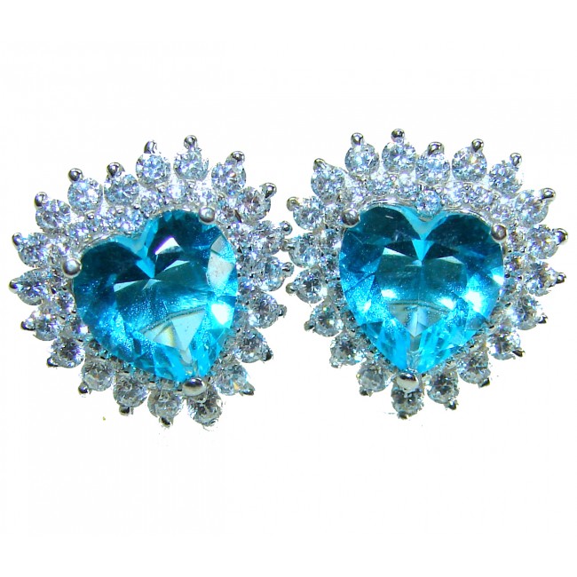 Angel's Heart 4.7 carat Swiss Blue Topaz .925 Sterling Silver Handcrafted earrings - Close-up of Angel's Heart blue topaz earrings with diamond accents.