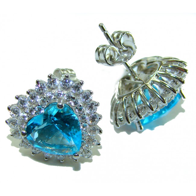 Angel's Heart 4.7 carat Swiss Blue Topaz .925 Sterling Silver Handcrafted earrings - Heart-shaped blue topaz earrings, front and side view.