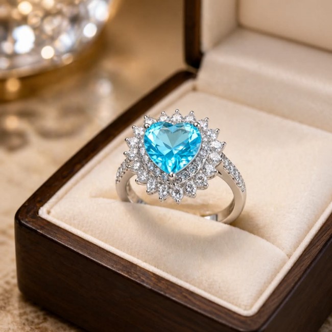 Angel's Heart 4.3 carat Swiss Blue Topaz .925 Sterling Silver Handcrafted Ring s. 6 - Heart blue topaz ring in box, front view showcasing stone and setting.