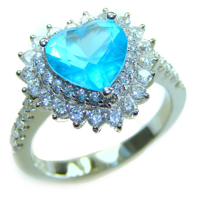 Angel's Heart 4.3 carat Swiss Blue Topaz .925 Sterling Silver Handcrafted Ring s. 6 - Heart-shaped blue topaz ring with diamond halo, close-up view.
