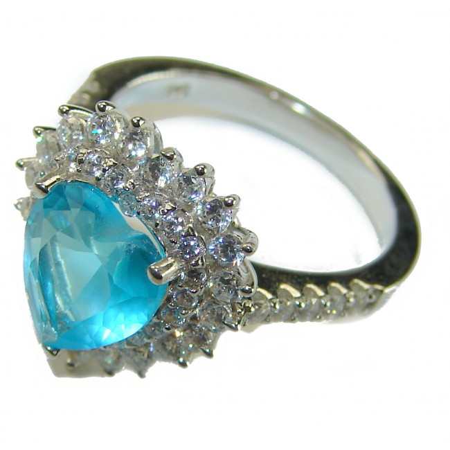 Angel's Heart 4.3 carat Swiss Blue Topaz .925 Sterling Silver Handcrafted Ring s. 6 - Heart-shaped blue topaz ring with diamond halo, side view.